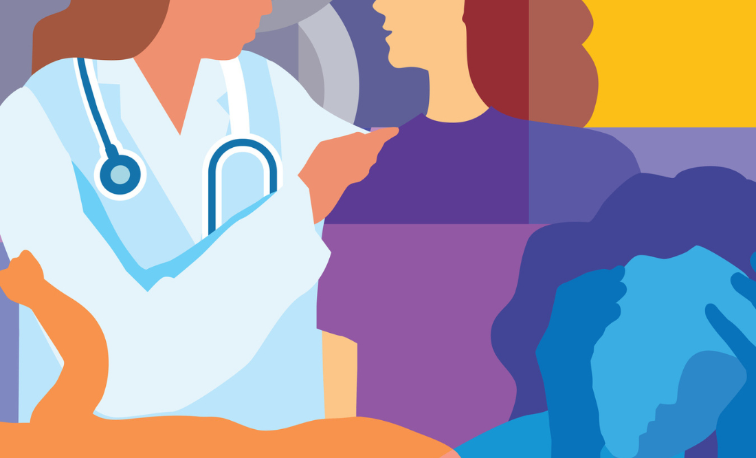 The image depicts a doctor, a female patient, and a baby with colorful background colors.