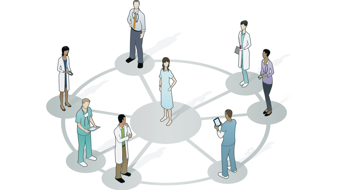 A patient is surrounded by doctors and specialists