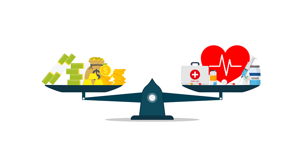 A scale balancing money symbol on one side and healthcare symbols on the other