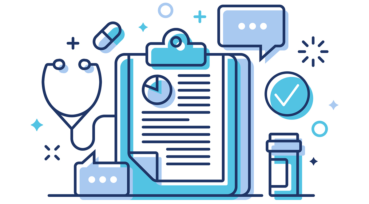 Illustration of a stethoscope, pill, medical chart, and prescription bottle